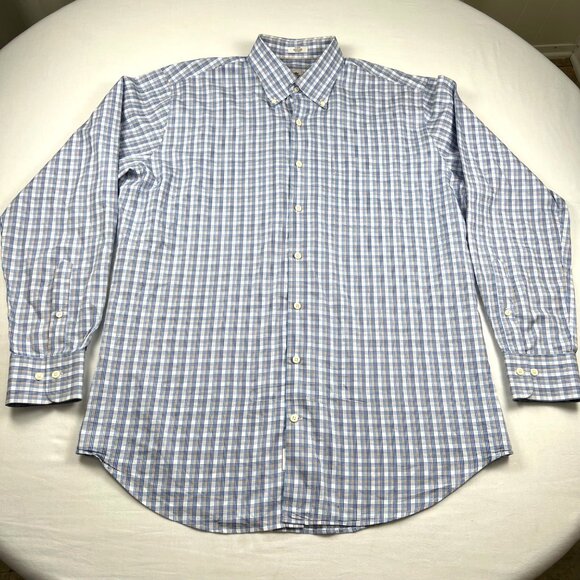 Peter Millar Mens Shirt Large Blue and White Plaid 100% Cotton Button-Down - Picture 2 of 10
